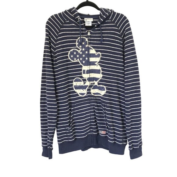 Disney Parks USA L Navy White Striped Mickey Mouse Hoodie Sweatshirt Zip-Up - Picture 8 of 8